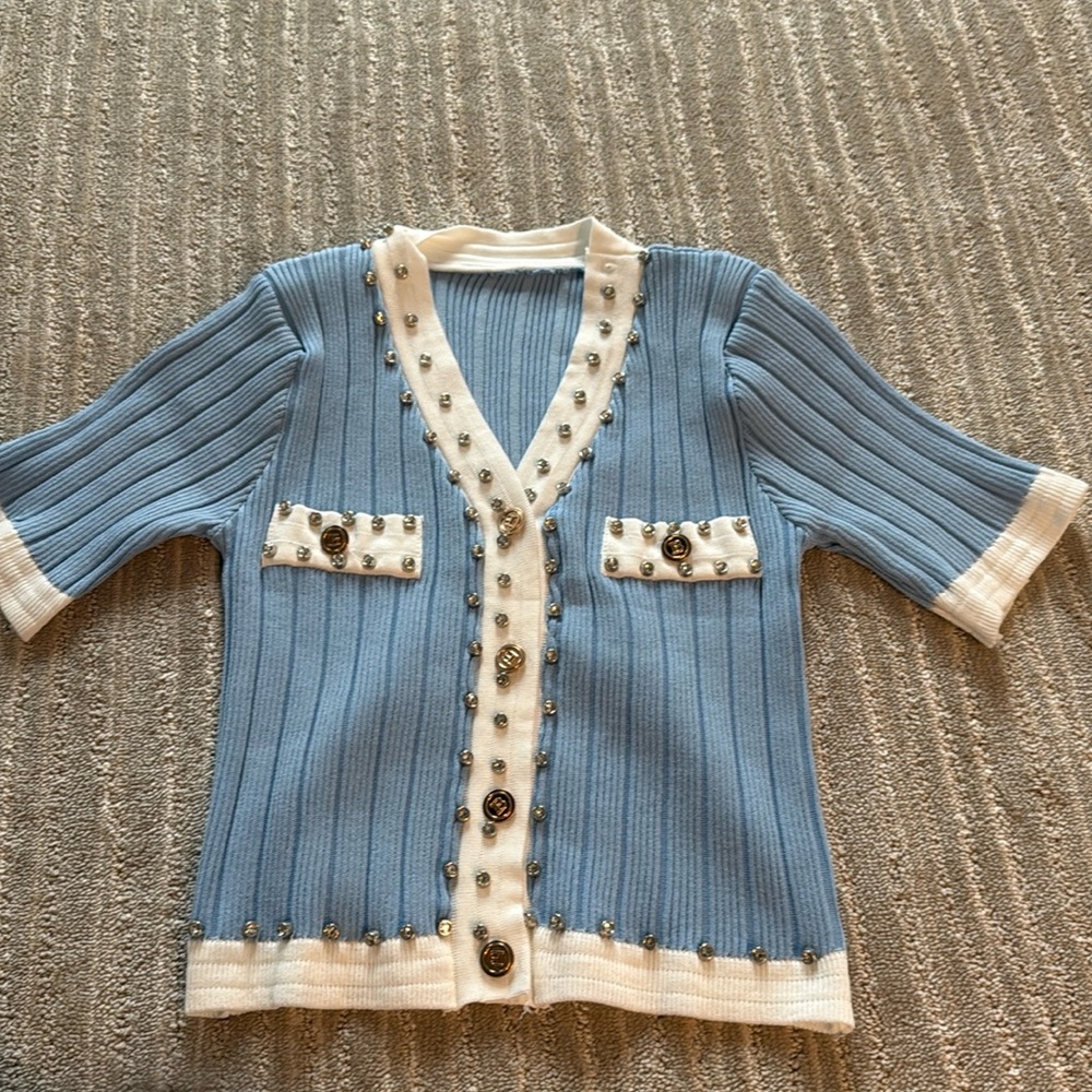 Blue knit embellished  top